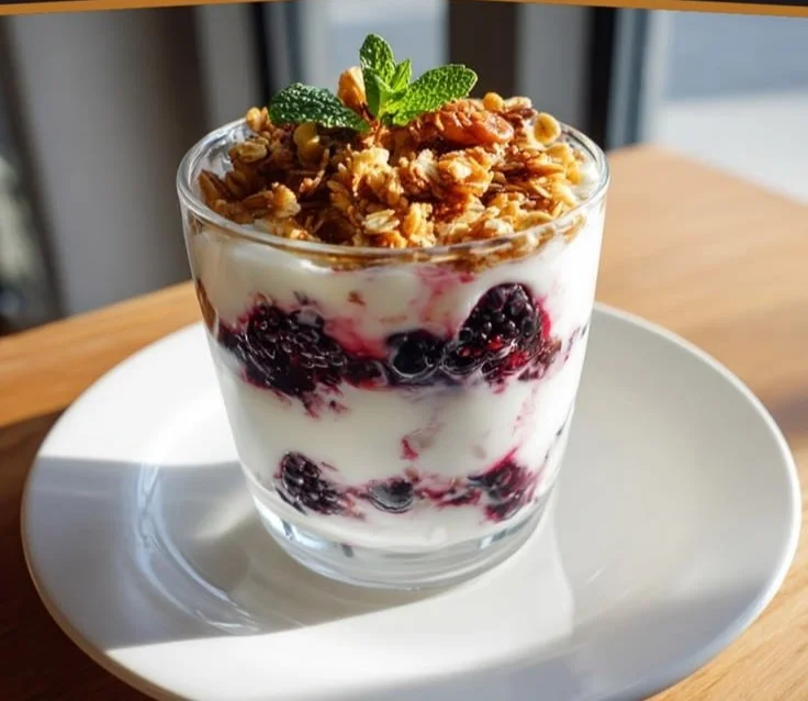 Creamy mulberry vanilla yogurt parfait with fresh fruits and granola