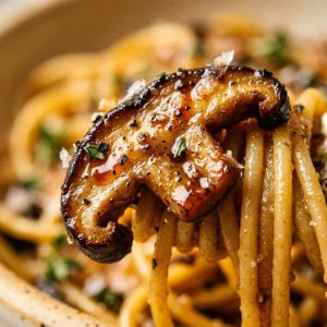 Creamy soy butter mushroom pasta served in a bowl with parsley garnish.