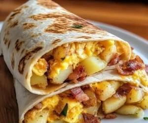 Crispy bacon egg and cheese burrito filled with potatoes, perfect for breakfast.