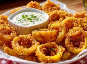 Crispy fried banana peppers on a plate, garnished and ready to serve.