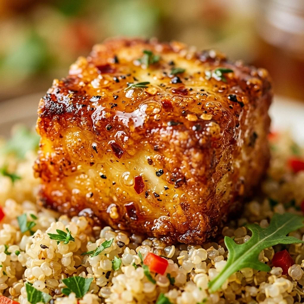 Crispy Hot Honey Halloumi served in a quinoa bowl with fresh veggies