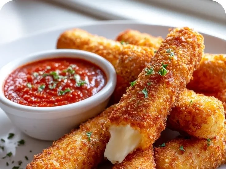 Crispy mozzarella sticks served with spicy marinara sauce