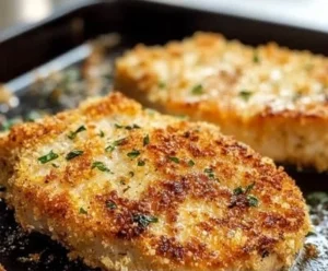Crispy oven-fried pork chops served on a plate with garnish