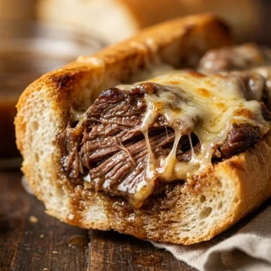 Delicious crockpot French dip sandwiches with tender beef and melted cheese