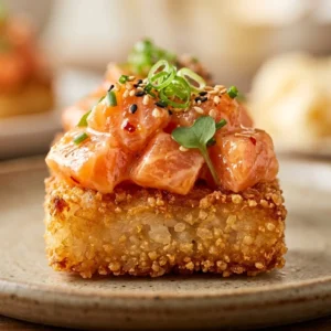 Delicious Cucumber Salmon Salad with crispy rice, fresh cucumber, and salmon.
