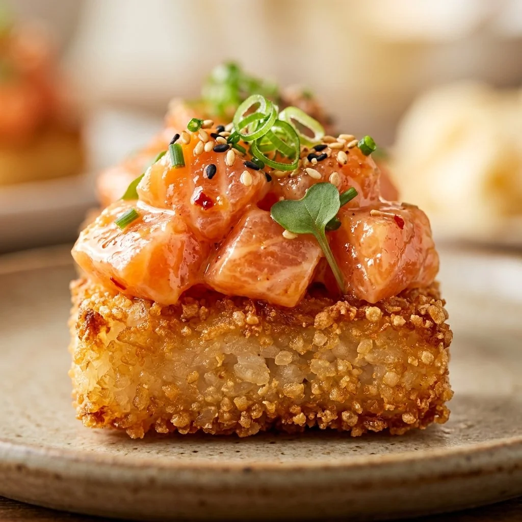 Delicious Cucumber Salmon Salad with crispy rice, fresh cucumber, and salmon.