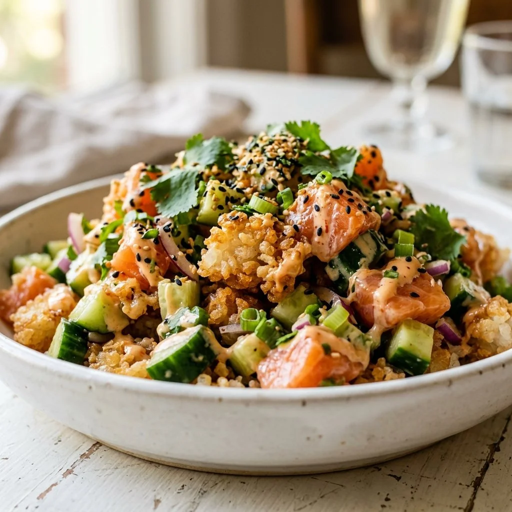 Cucumber Salmon Crispy Rice Salad