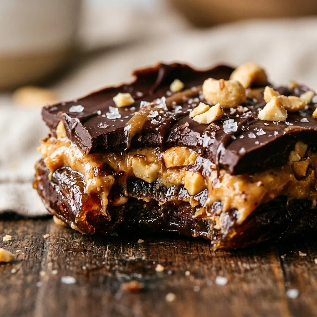 Delicious Date Snickers Bark recipe topped with nuts and chocolate.