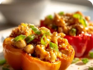 Dragon Chicken stuffed peppers recipe with colorful ingredients and spices