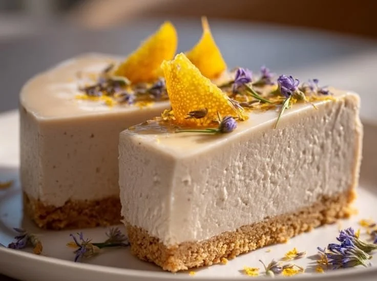 Delicious Earl Grey Cheesecake topped with a floral tea infusion