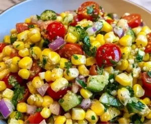 Bowl of easy corn salad with fresh vegetables and herbs