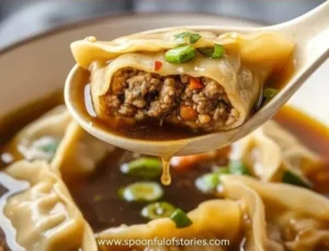 Bowl of Easy Potsticker Soup with dumplings and vegetables