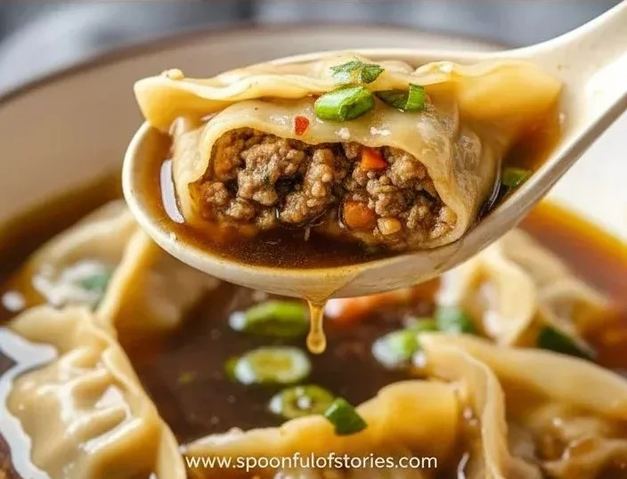 Bowl of Easy Potsticker Soup with dumplings and vegetables