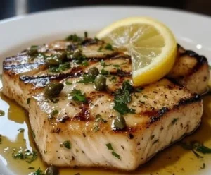 Grilled swordfish steak served with lemon and herbs