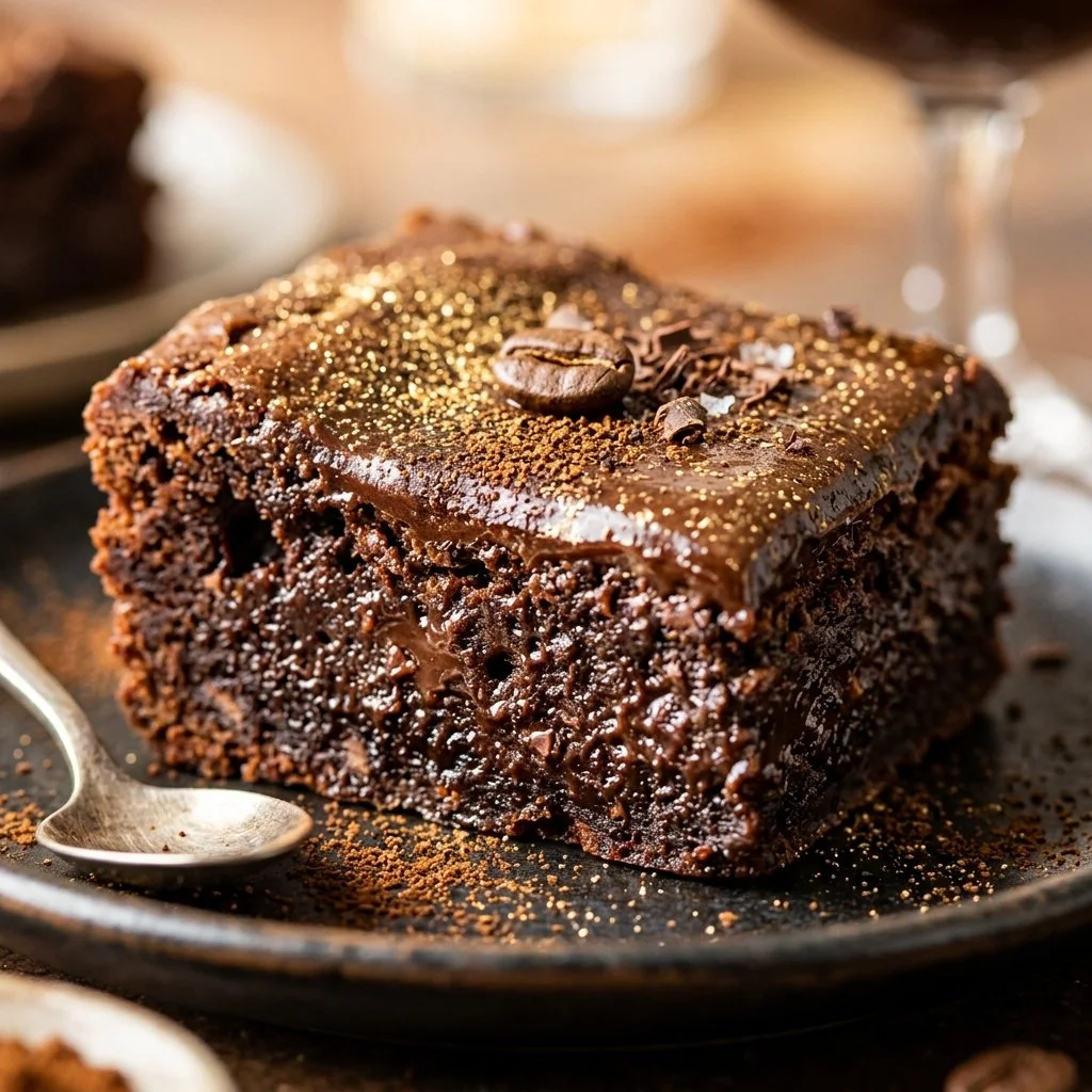 Delicious Espresso Martini Brownies topped with coffee and chocolate