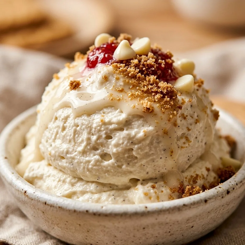Fluffy protein cheesecake dip served in a bowl with fresh fruit and graham crackers