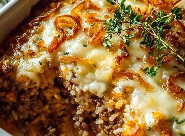 French Onion Ground Beef Rice Casserole