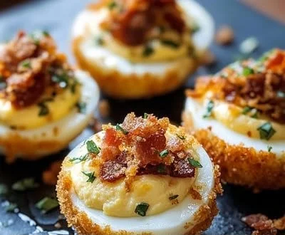 Delicious Fried Deviled Eggs served on a plate with a garnish
