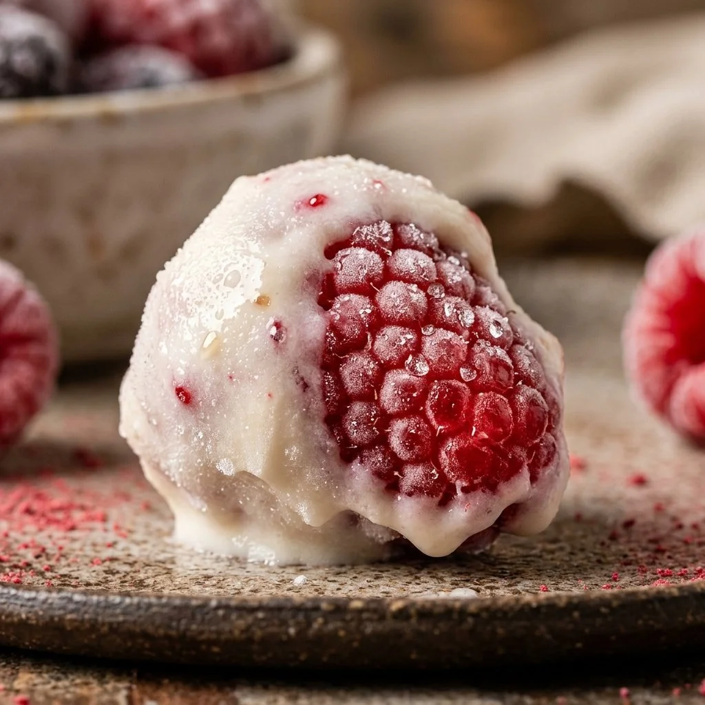 Frozen Greek yogurt-dipped raspberries served on a plate.