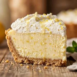 Delicious frozen lemonade pie topped with whipped cream and lemon slices