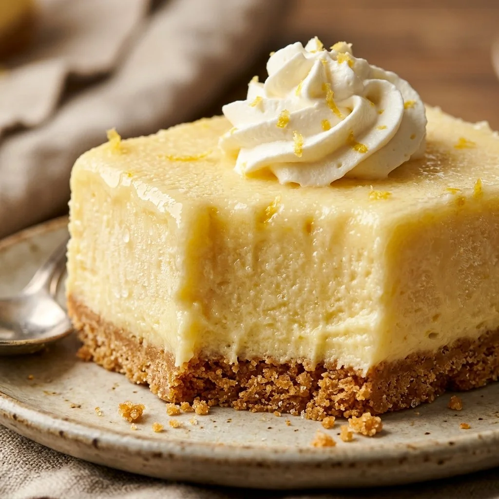 Frozen Lemonade Pie Squares dessert topped with lemon zest and whipped cream.