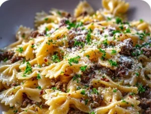 Delicious Garlic Butter Beef Bowtie Pasta served in a bowl