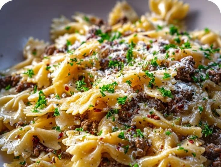 Delicious Garlic Butter Beef Bowtie Pasta served in a bowl