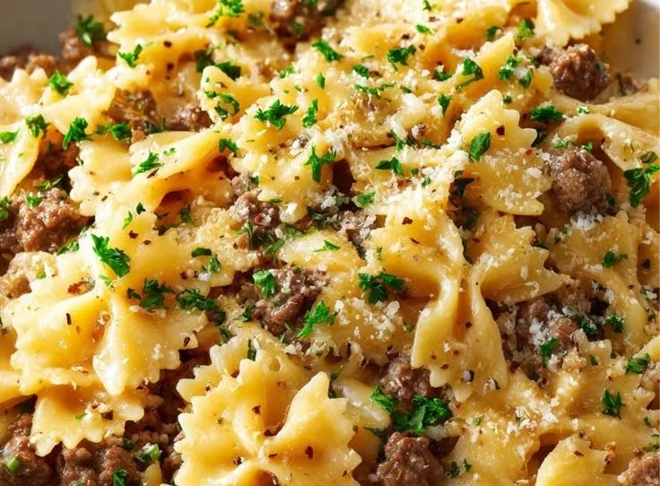 Garlic Butter Beef Bowtie Pasta