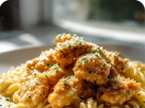 Garlic Parmesan Chicken Bites served with creamy rotini pasta.