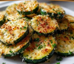 Delicious Garlic Parmesan Zucchini dish garnished with herbs.