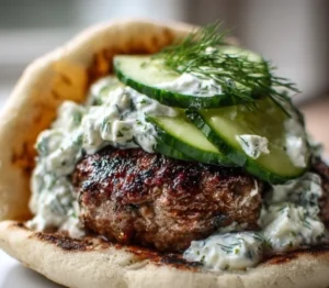 Juicy Greek lamb burger topped with feta and tzatziki sauce on a plate.