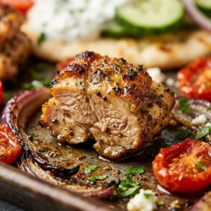 Greek-style sheet pan chicken gyro ready to serve with fresh vegetables and sauce.