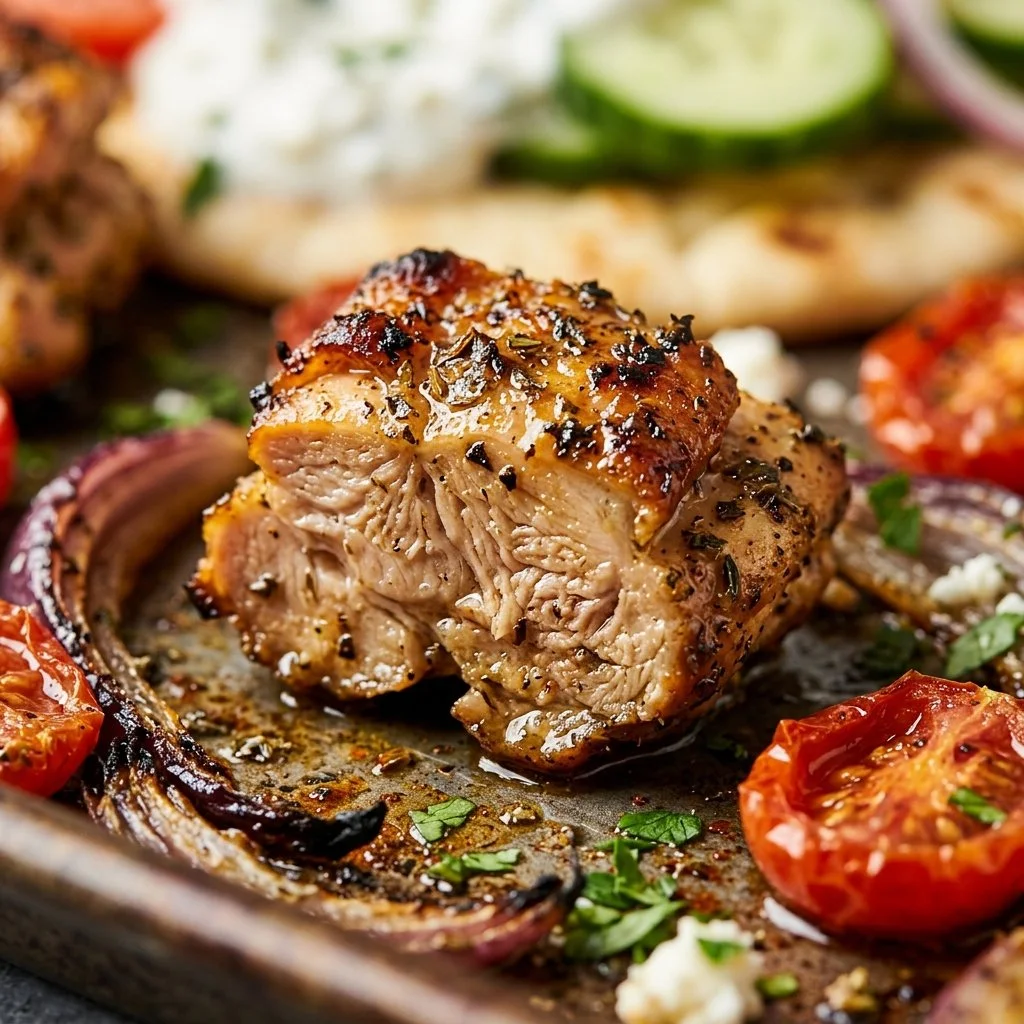 Greek-style sheet pan chicken gyro ready to serve with fresh vegetables and sauce.