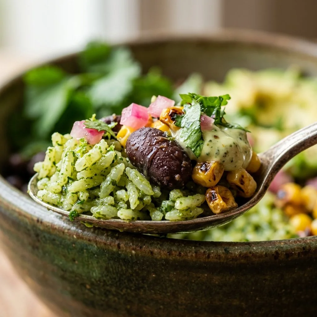 Green Rice and Black Bean Protein Bowl filled with fresh ingredients and nutrition
