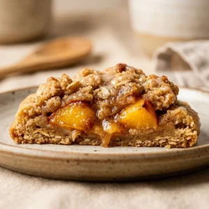 Grilled peach cobbler cookies on a plate with fresh peaches