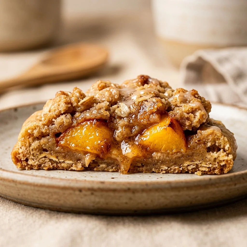 Grilled peach cobbler cookies on a plate with fresh peaches