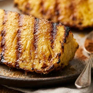 Grilled pineapple slices dusted with cinnamon sugar on a plate.