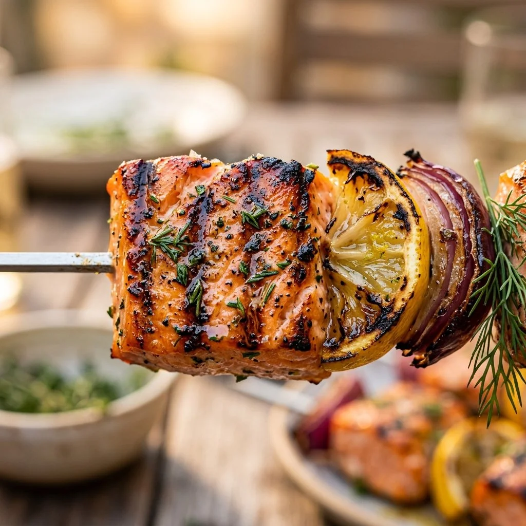 Grilled salmon kebabs with lemon and herbs on a serving platter