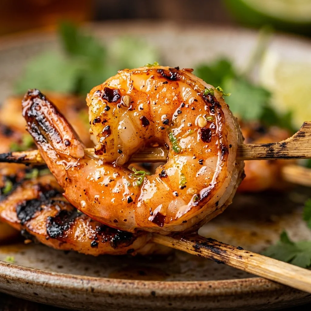 Delicious grilled shrimp skewers drizzled with hot honey lime sauce.