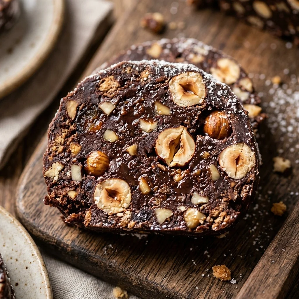 Homemade Hazelnut Chocolate Salami on a wooden cutting board.