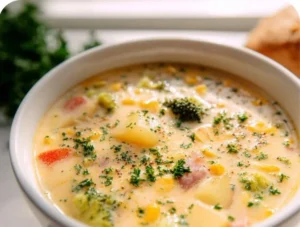 Healthy creamy vegetable soup in a bowl with fresh vegetables garnished on top.