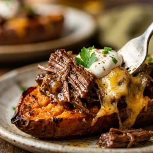 High-protein beef stuffed sweet potato boats topped with fresh herbs