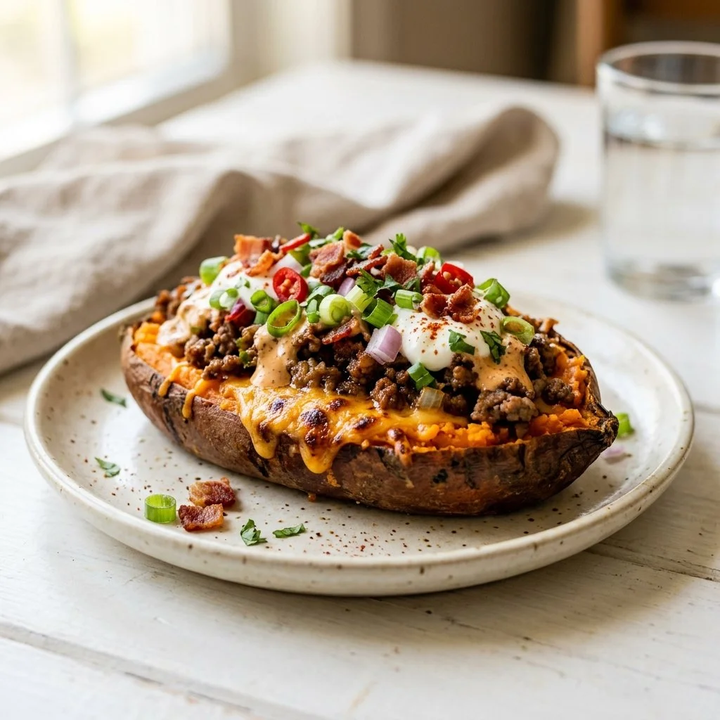 High-Protein Beef Stuffed Sweet Potato Boats