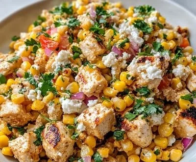 High-Protein Chicken Salad with Street Corn in a colorful bowl