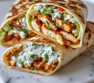 High-protein cottage cheese chicken wraps on crispy flatbread