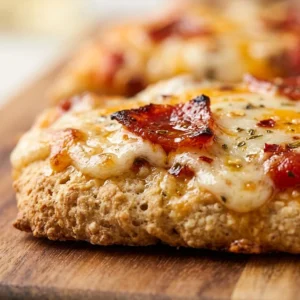 High-protein cottage cheese flatbread pizza topped with fresh vegetables