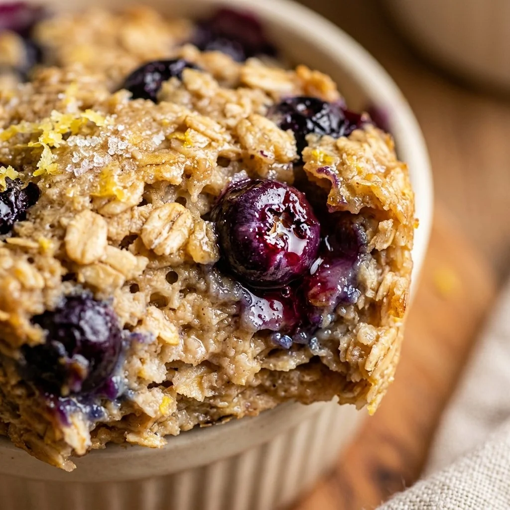 High-Protein Lemon Blueberry Baked Oats in a bowl with fresh blueberries and lemon zest