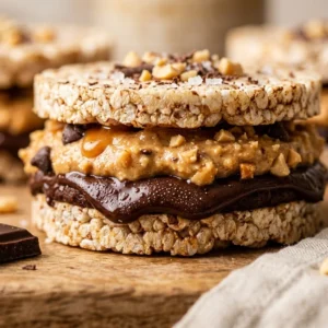 High-protein peanut butter cup rice cake sliders on a wooden plate