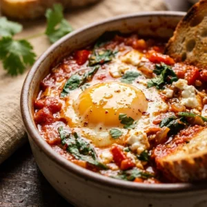 High-protein shakshuka with feta cheese and spinach in a skillet