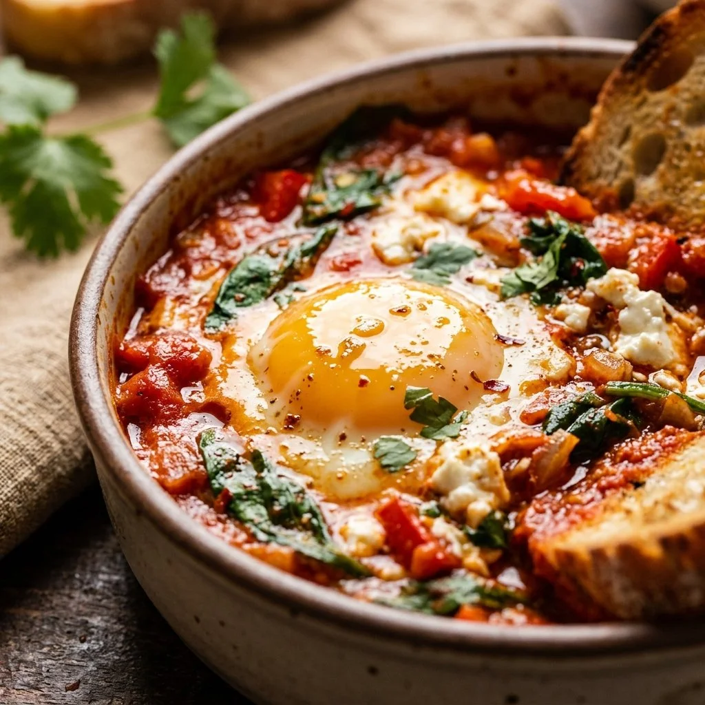 High-protein shakshuka with feta cheese and spinach in a skillet